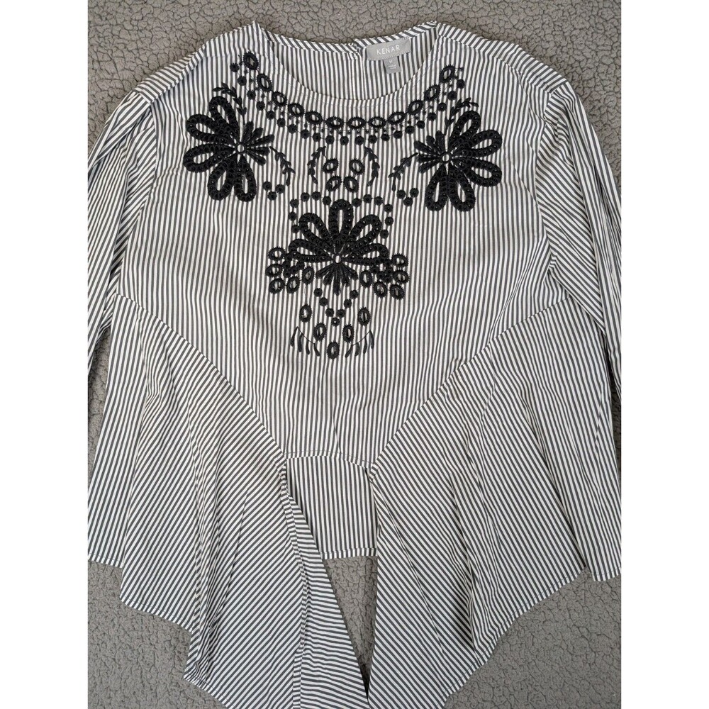 Kenar Blouse White Black Striped Shirt Blouse Small Tie Front Long Sleeve Top